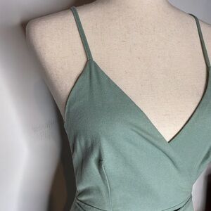Showpo Sage Green Linen Blend V-Neck Mini Wrap Dress Size 4